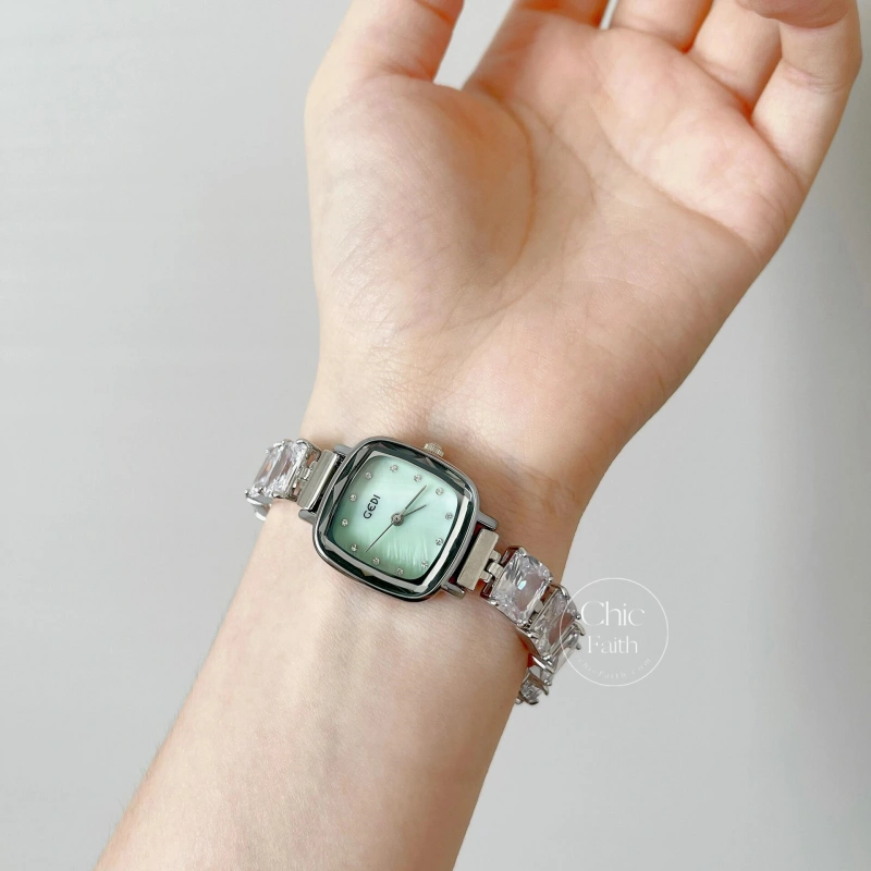 Mint Green Mother of Pearl Dial Watch for Women Silver Square Crystal Bracelet Ladies Watch