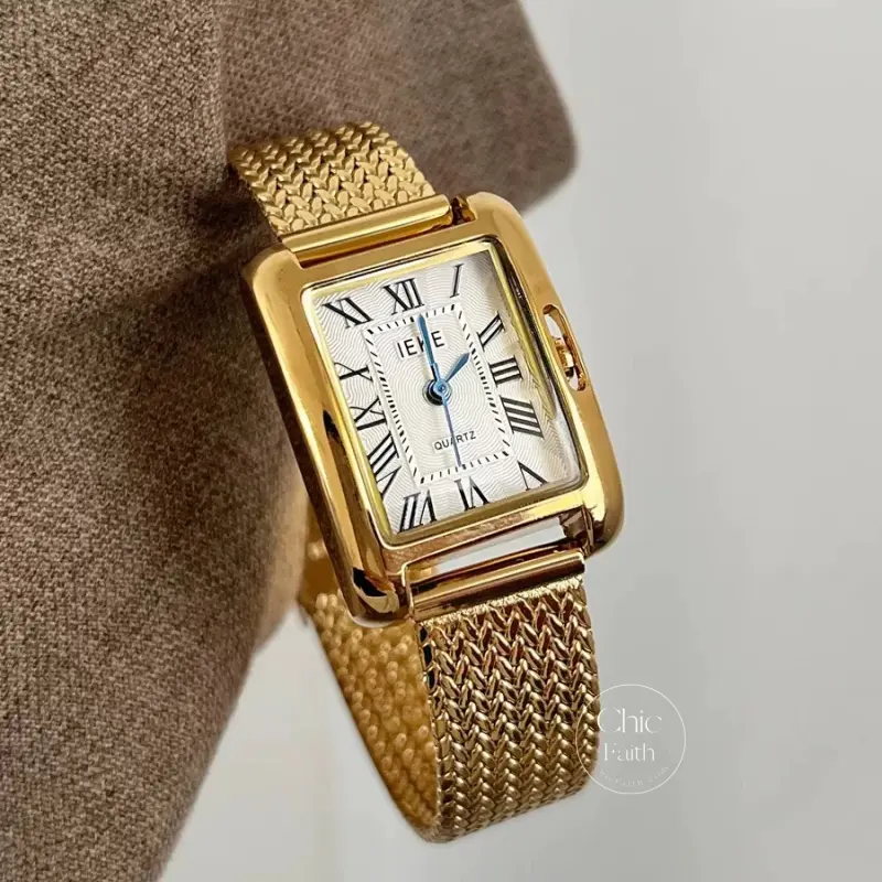 Chic Gold/Silver Roman Numeral Watch Rectangle Face Mesh Band Women's Watch