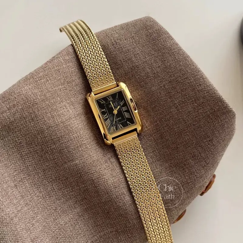 Chic Gold/Silver Roman Numeral Watch Rectangle Face Mesh Band Women's Watch