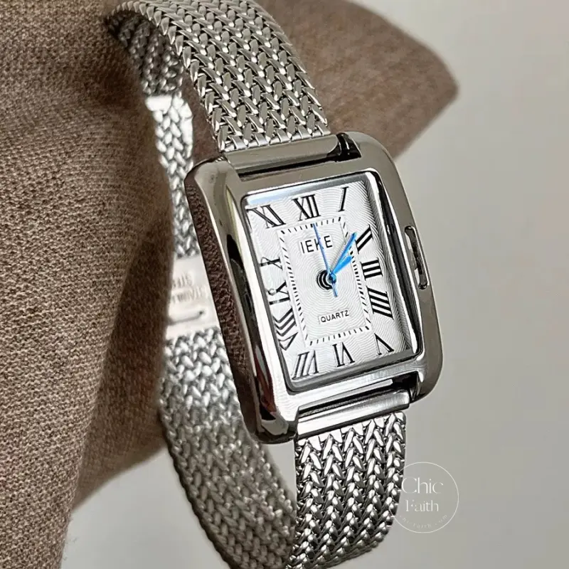 Chic Gold/Silver Roman Numeral Watch Rectangle Face Mesh Band Women's Watch