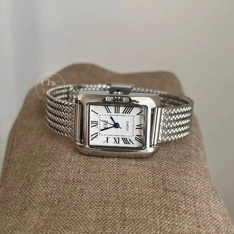 Chic Gold/Silver Roman Numeral Watch Rectangle Face Mesh Band Women's Watch