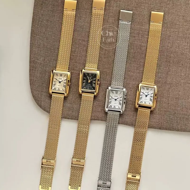 Chic Gold/Silver Roman Numeral Watch Rectangle Face Mesh Band Women's Watch