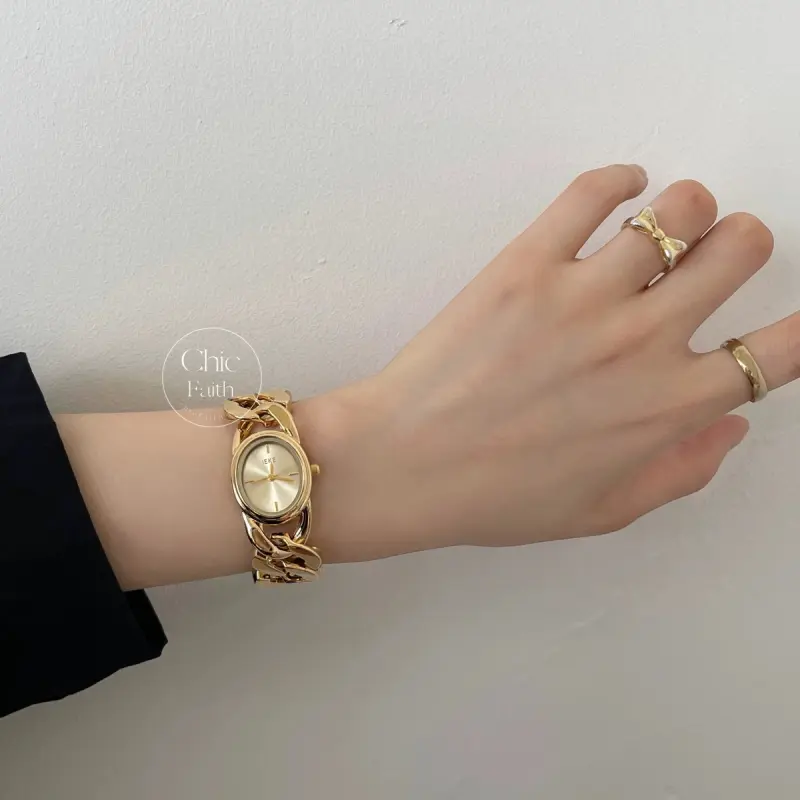 Vintage-Inspired Gold Oval Face White Dial Bracelet Watch for Women