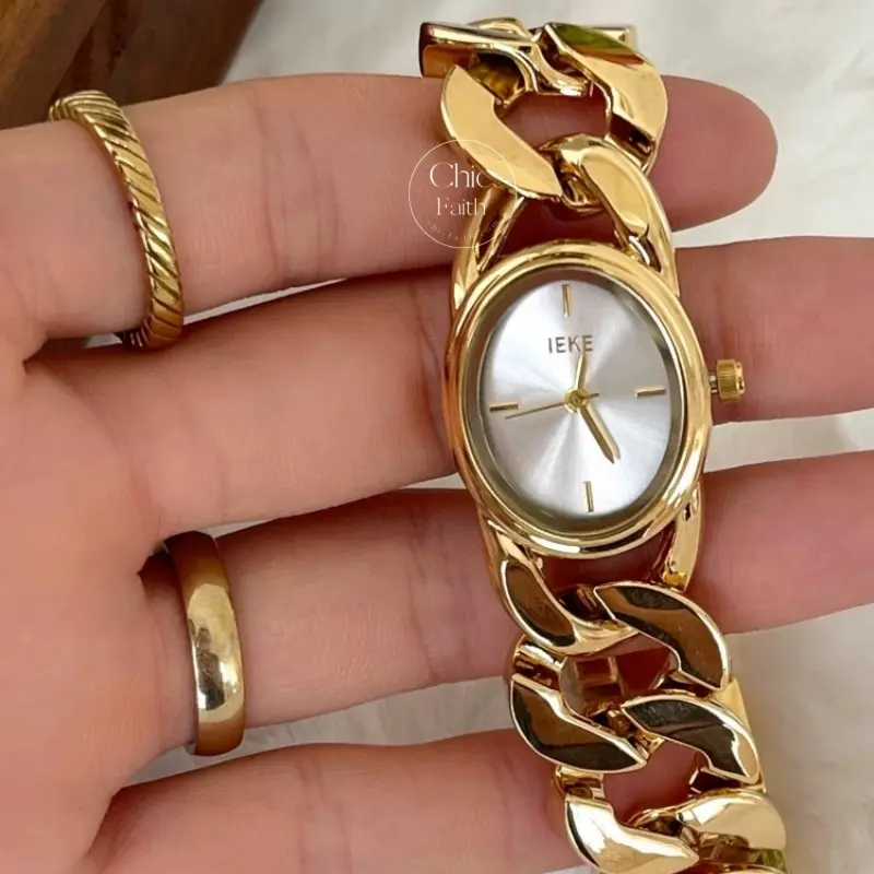 Vintage-Inspired Gold Oval Face White Dial Bracelet Watch for Women
