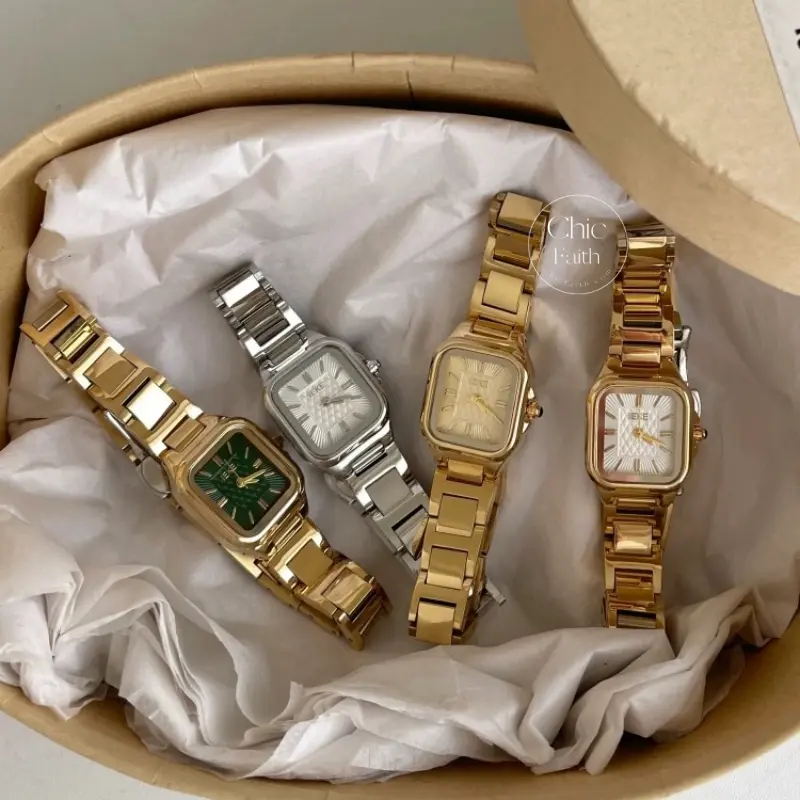 Minimalist Gold Square Face Women's Watch Emerald Green Dial Ladies Watch