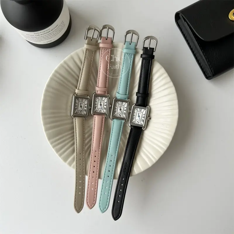 Elegant Beige/Pink/Black/Blue Genuine Leather Strap Ladies Watch Square Face Roman Numeral Women's Watch