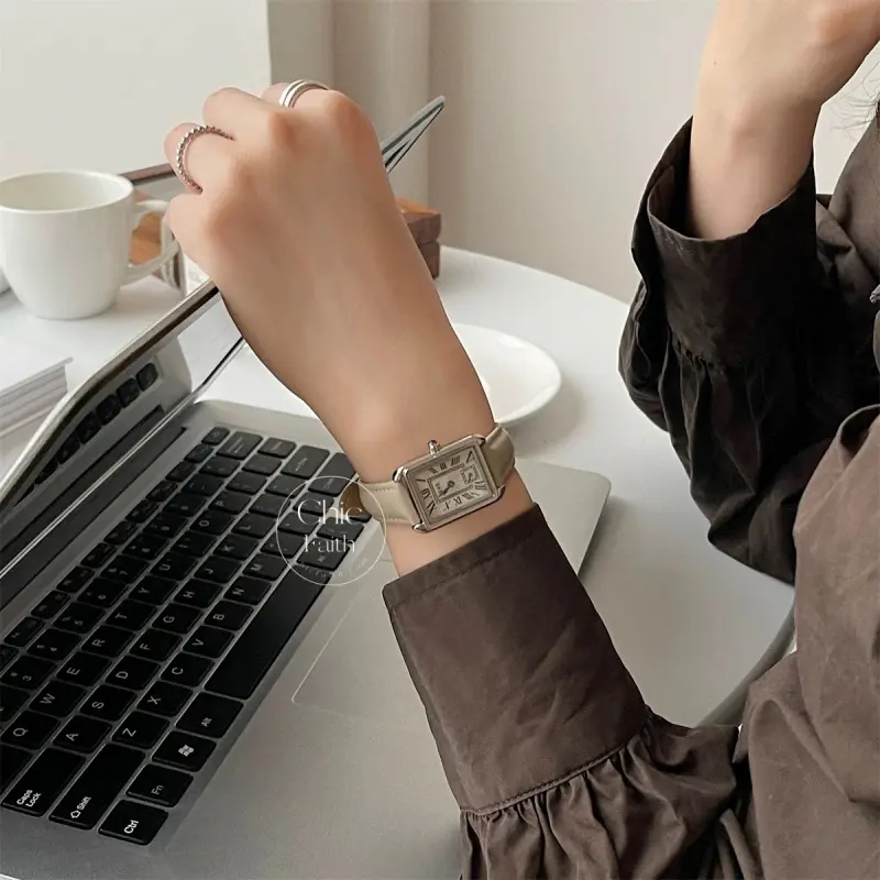 Elegant Beige/Pink/Black/Blue Genuine Leather Strap Ladies Watch Square Face Roman Numeral Women's Watch