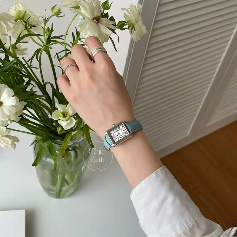 Elegant Beige/Pink/Black/Blue Genuine Leather Strap Ladies Watch Square Face Roman Numeral Women's Watch