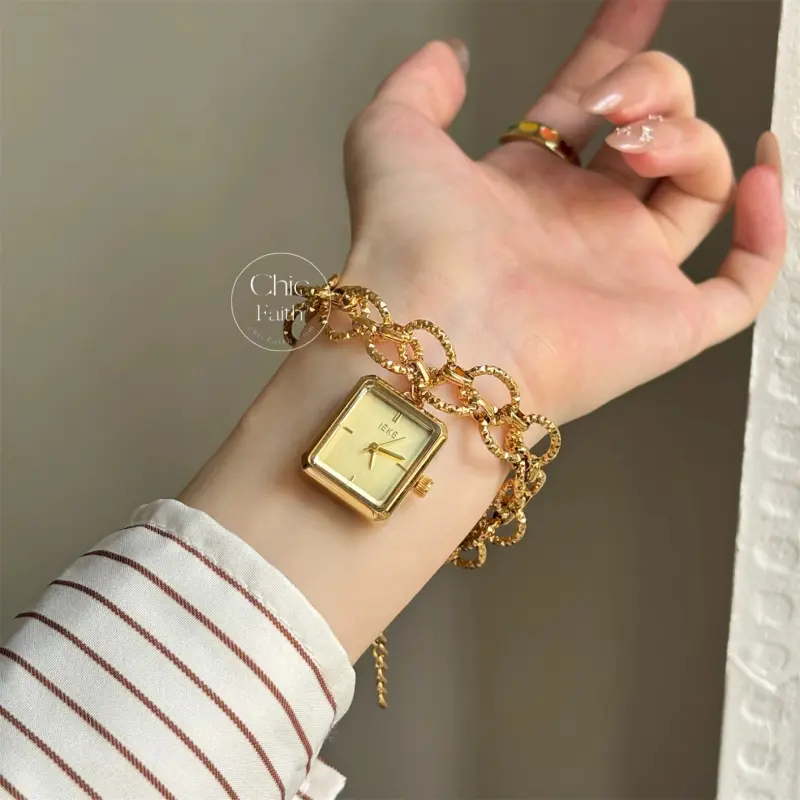 Vintage-Inspired Gold Square Face Women's Watch Bracelet Charm Watch