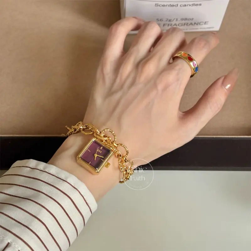 Vintage-Inspired Gold Square Face Women's Watch Bracelet Charm Watch