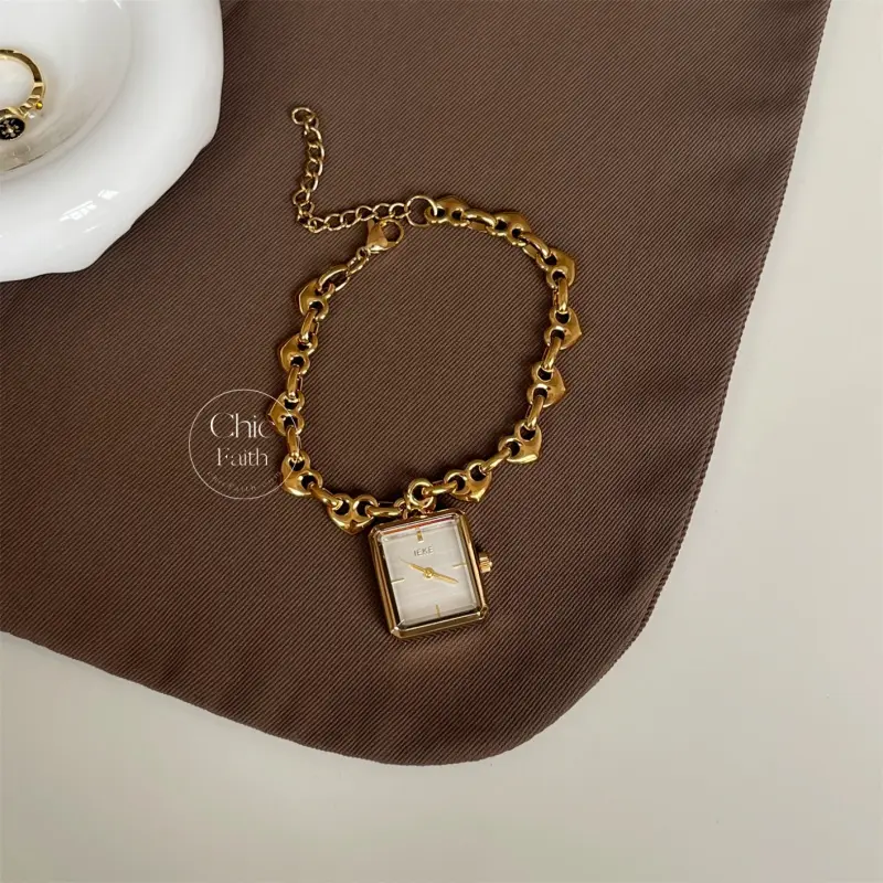 Vintage-Inspired Gold Square Face Women's Watch Bracelet Charm Watch