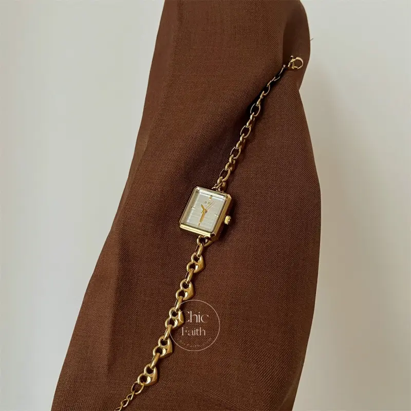Vintage-Inspired Gold Square Face Women's Watch Bracelet Charm Watch