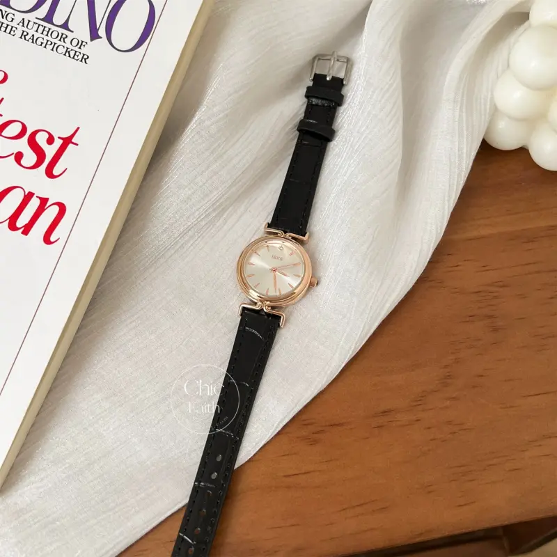 Classic Small Face Round Dial Women's Watch Black Genuine Leather Strap Ladies Watch