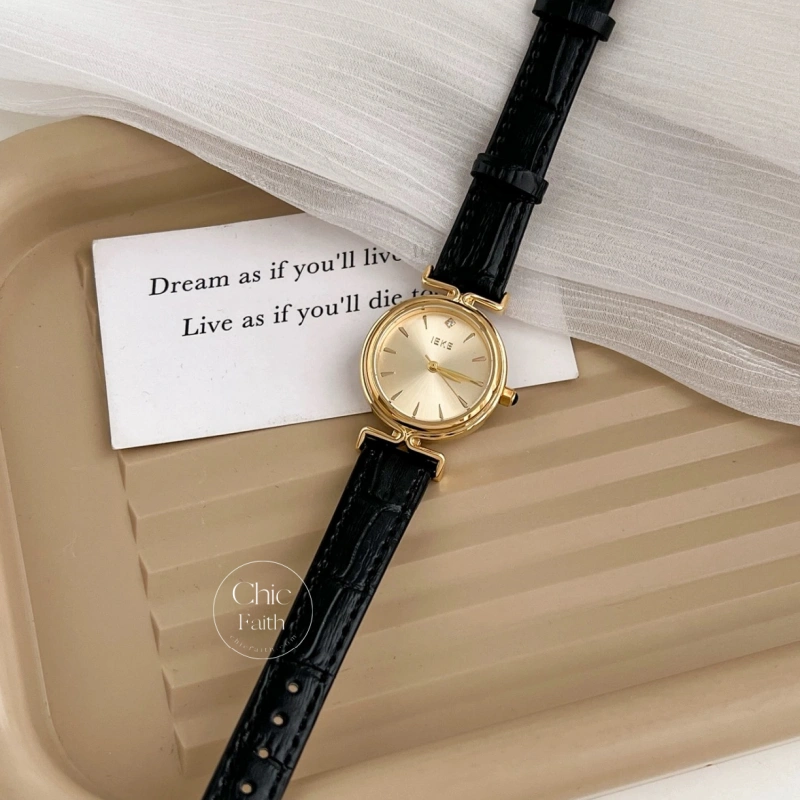 Classic Small Face Round Dial Women's Watch Black Genuine Leather Strap Ladies Watch