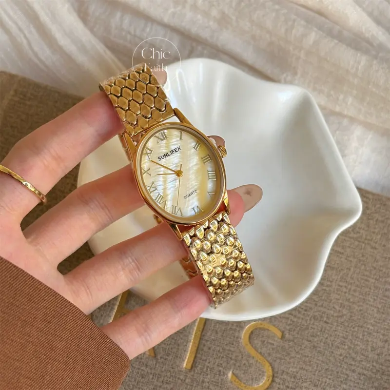 Classic Gold/Silver Big Round Face Women's Watch Stainless Steel Bracelet Watch for Women