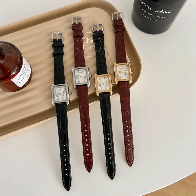 Brown/Black Genuine Leather Strap Watch Classic Rectangle Face Ladies Watch