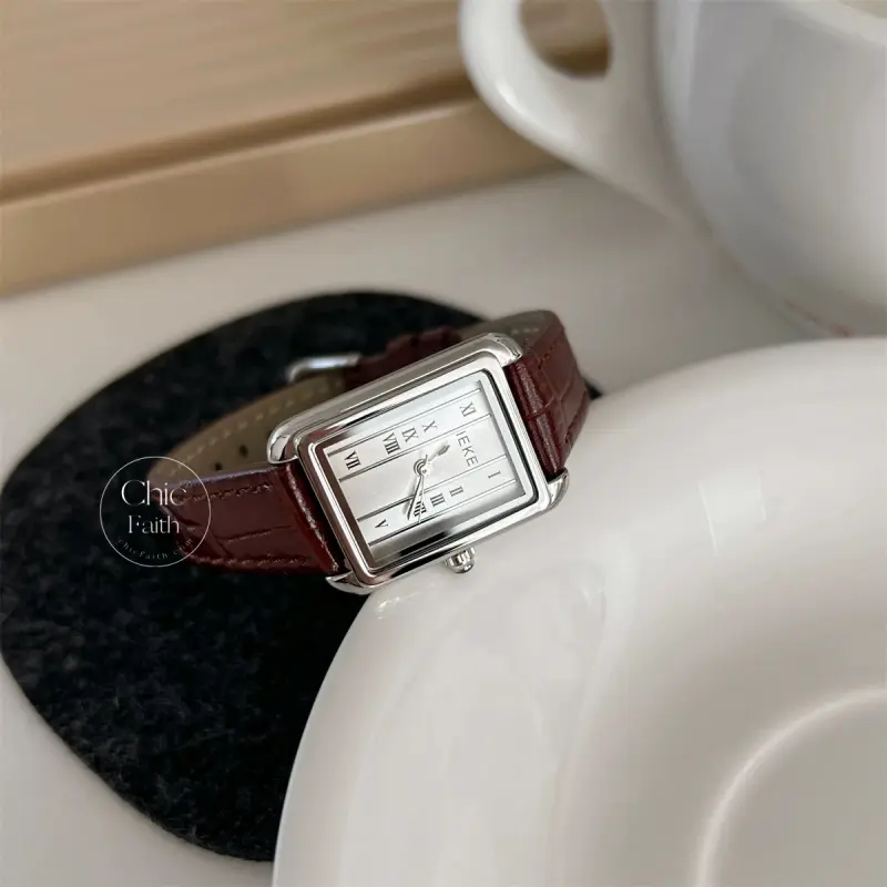 Brown/Black Genuine Leather Strap Watch Classic Rectangle Face Ladies Watch
