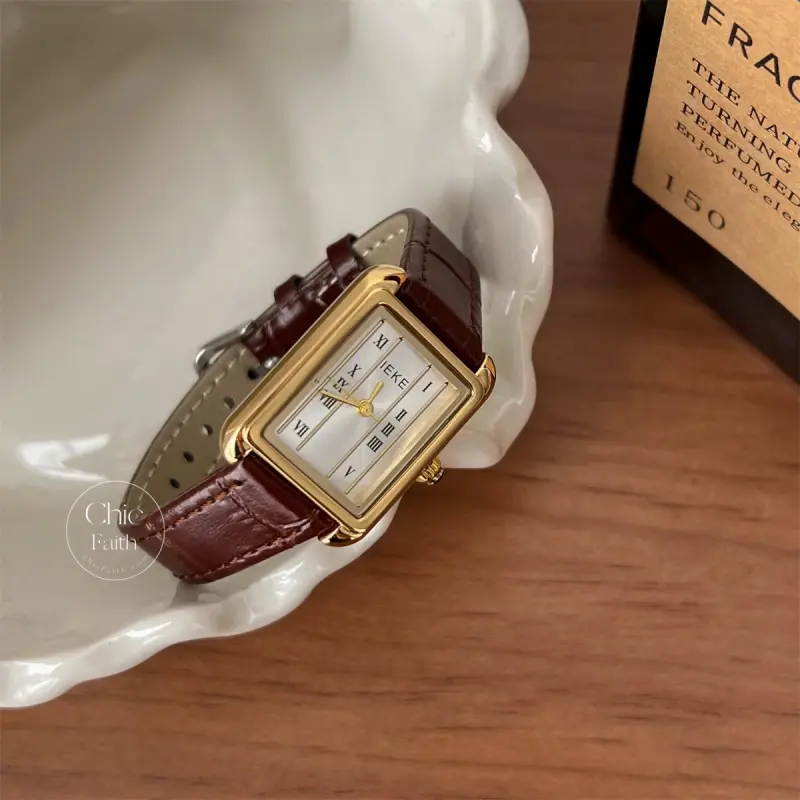 Brown/Black Genuine Leather Strap Watch Classic Rectangle Face Ladies Watch