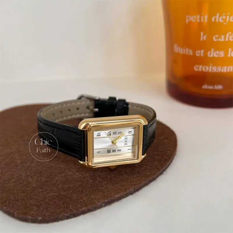 Brown/Black Genuine Leather Strap Watch Classic Rectangle Face Ladies Watch
