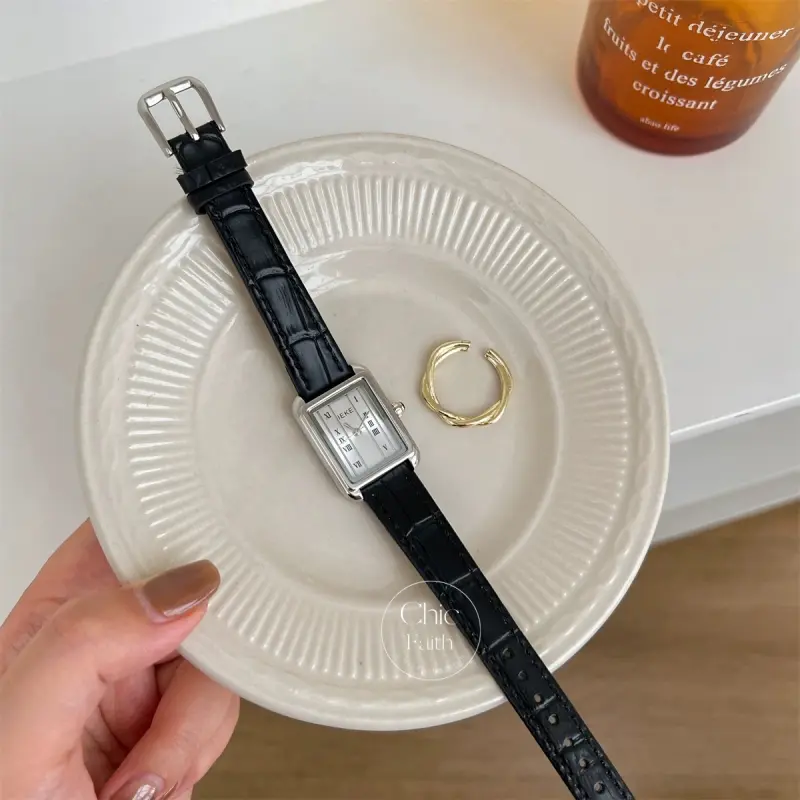 Brown/Black Genuine Leather Strap Watch Classic Rectangle Face Ladies Watch