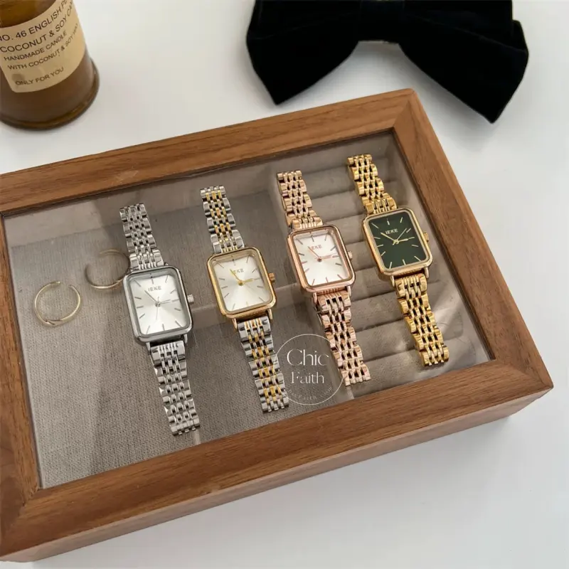 Classic Rectangular Face Women's Watch Gold/Silver Bracelet Ladies Watch