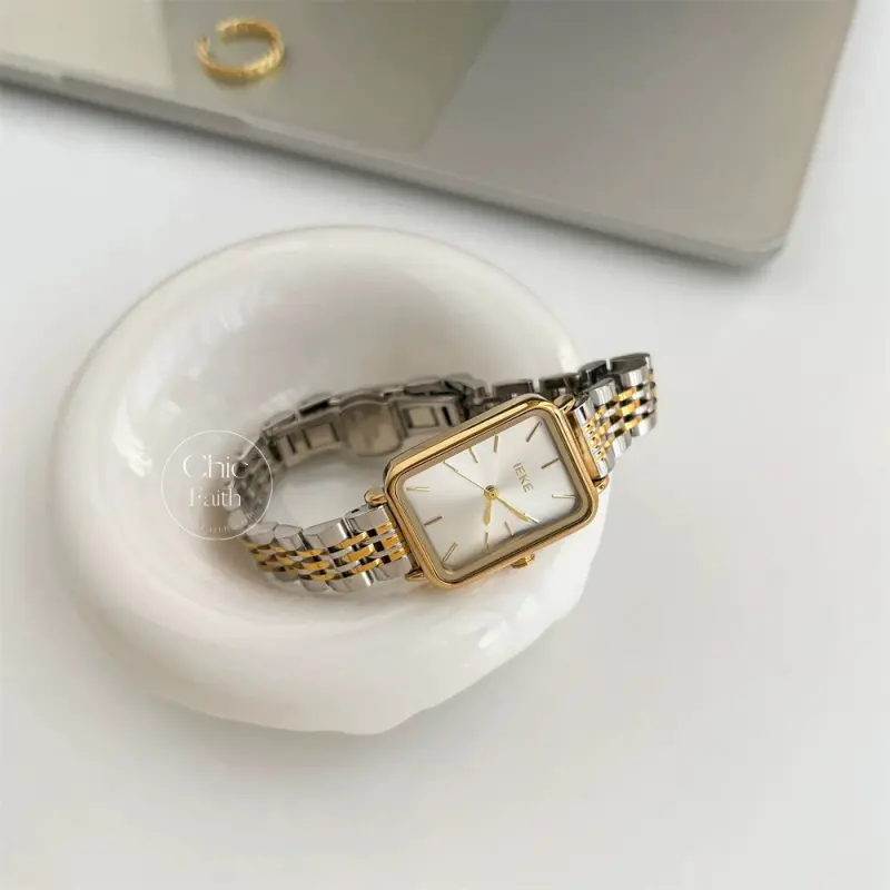 Classic Rectangular Face Women's Watch Gold/Silver Bracelet Ladies Watch