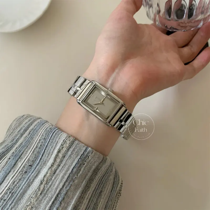 Minimalist Gold/Silver Burgundy Dial Rectangle Face Bracelet Watch for Women