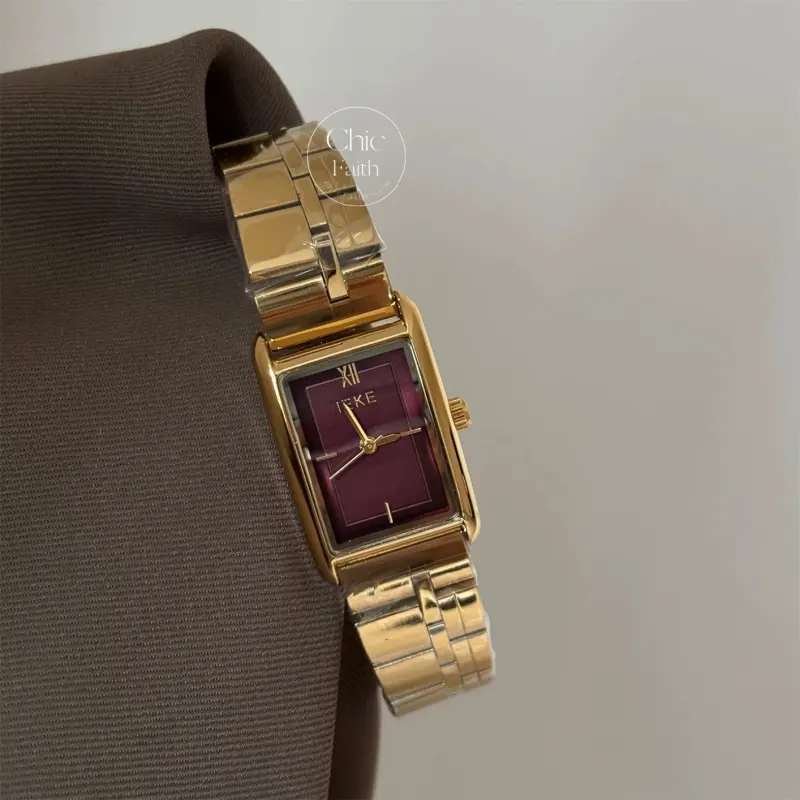 Minimalist Gold/Silver Burgundy Dial Rectangle Face Bracelet Watch for Women