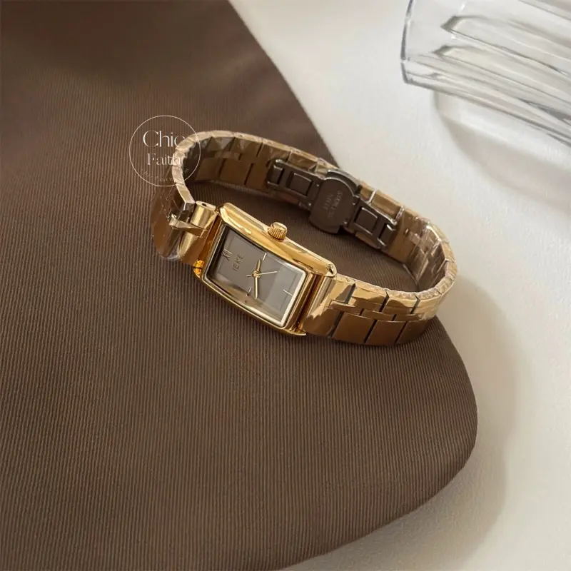 Minimalist Gold/Silver Burgundy Dial Rectangle Face Bracelet Watch for Women