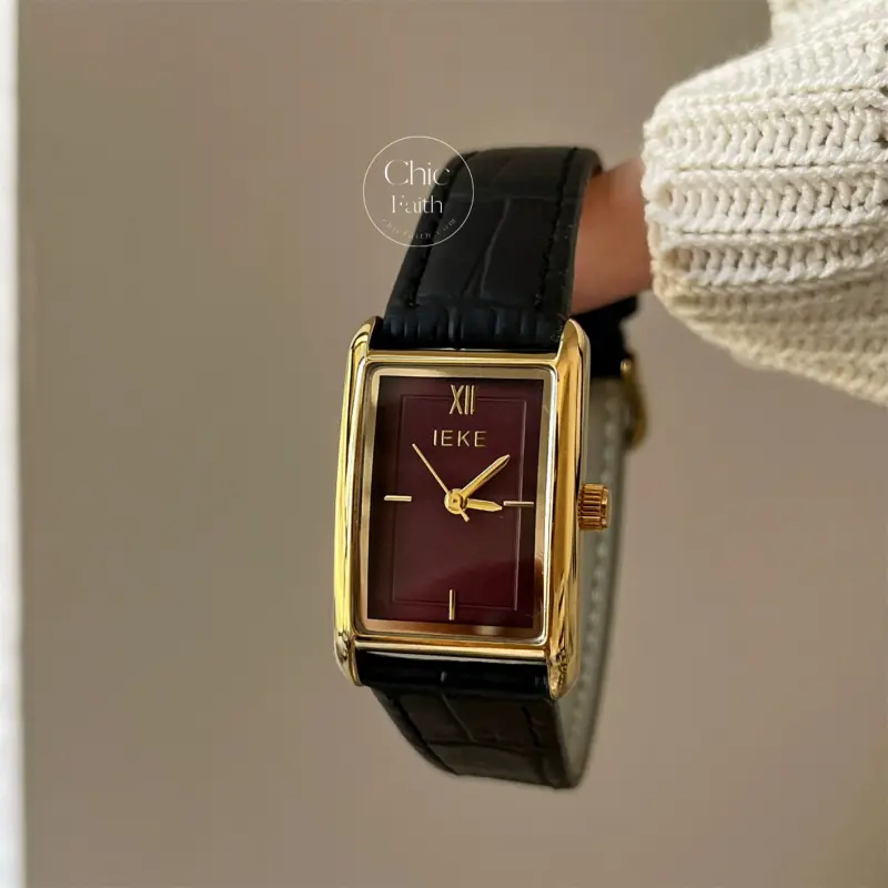 Classic Burgundy Dial Ladies Watch Black Leather Strap Women's Watch