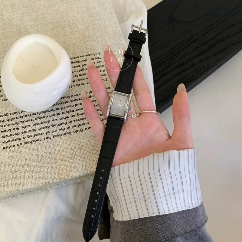 Classic Burgundy Dial Ladies Watch Black Leather Strap Women's Watch