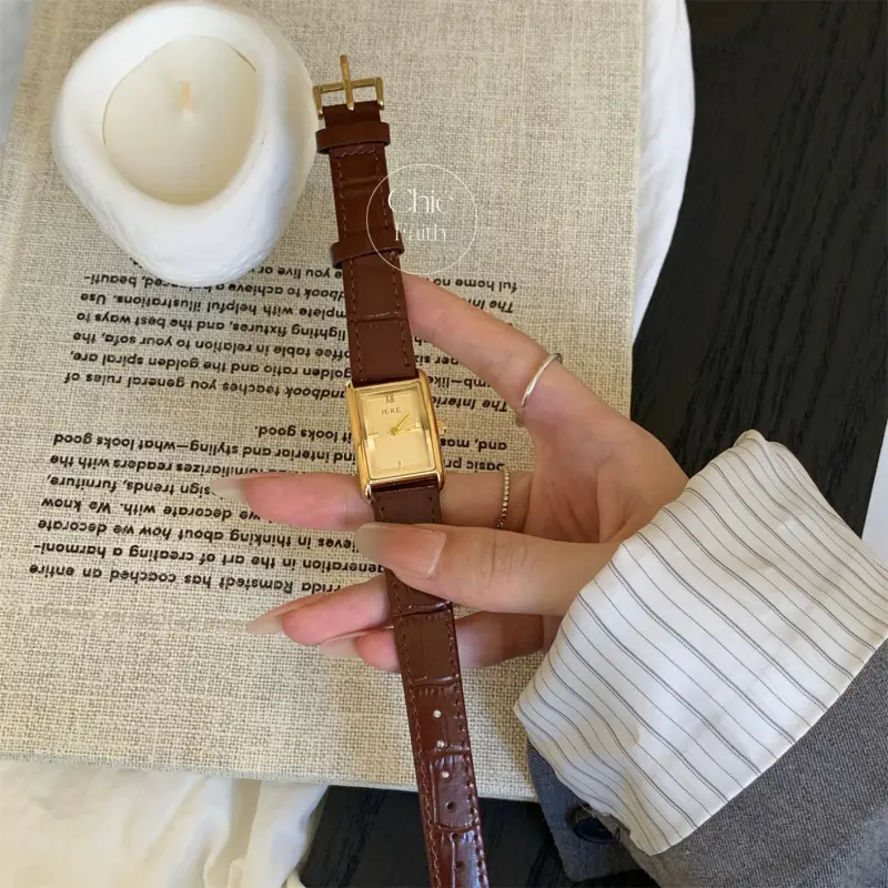 Classic Burgundy Dial Ladies Watch Black Leather Strap Women's Watch