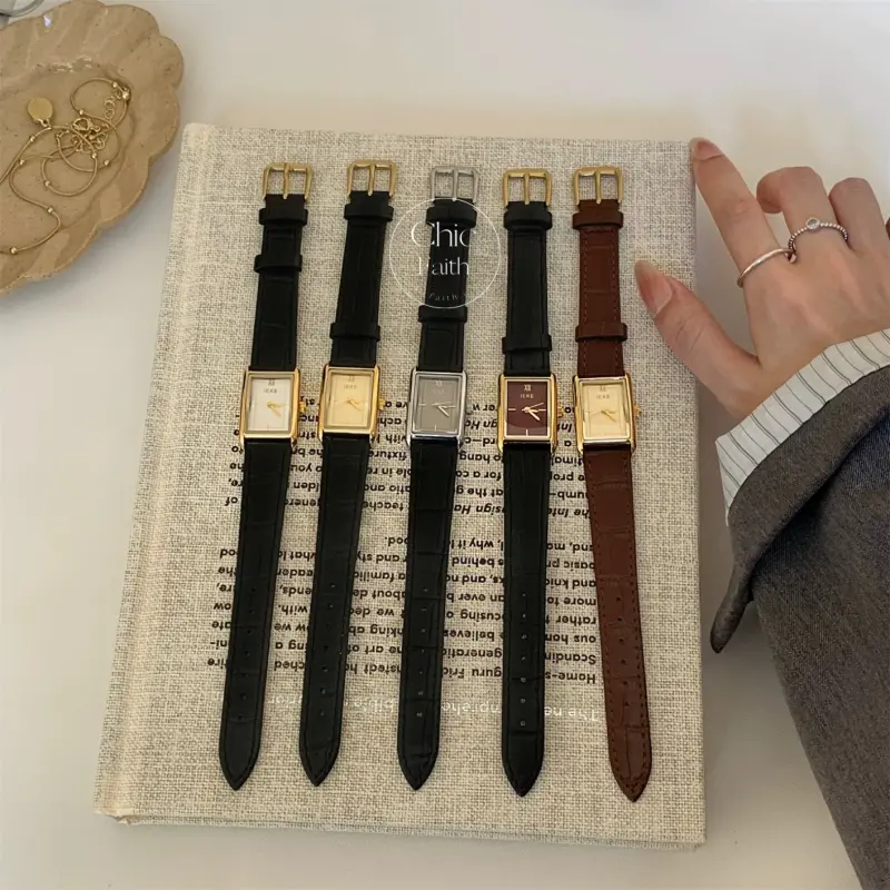 Classic Burgundy Dial Ladies Watch Black Leather Strap Women's Watch