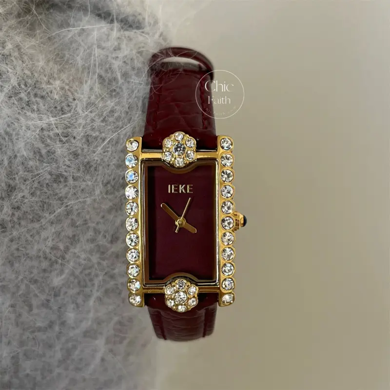 Elegant Black/Red/Brown Leather Strap Cubic Zirconia Ladies Watch