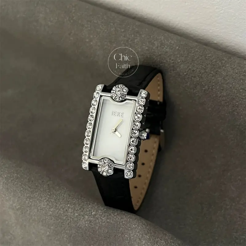 Elegant Black/Red/Brown Leather Strap Cubic Zirconia Ladies Watch