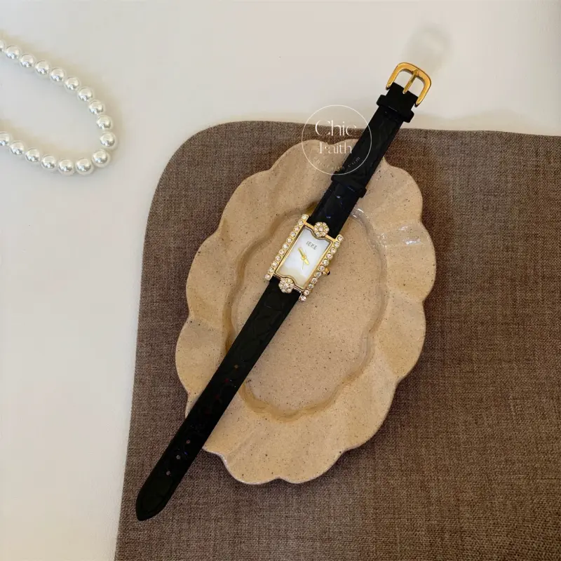 Elegant Black/Red/Brown Leather Strap Cubic Zirconia Ladies Watch