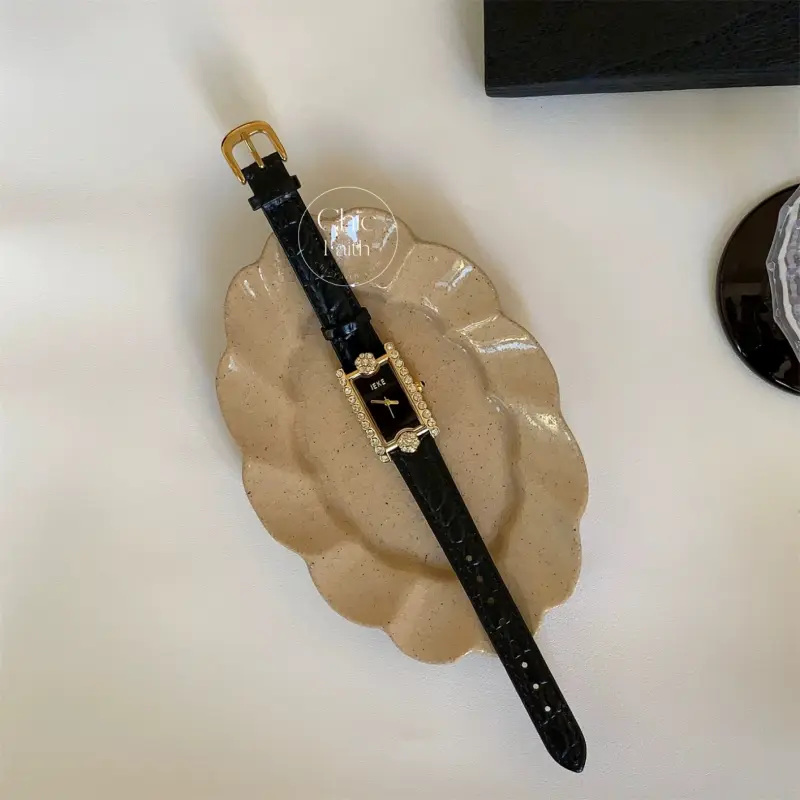 Elegant Black/Red/Brown Leather Strap Cubic Zirconia Ladies Watch