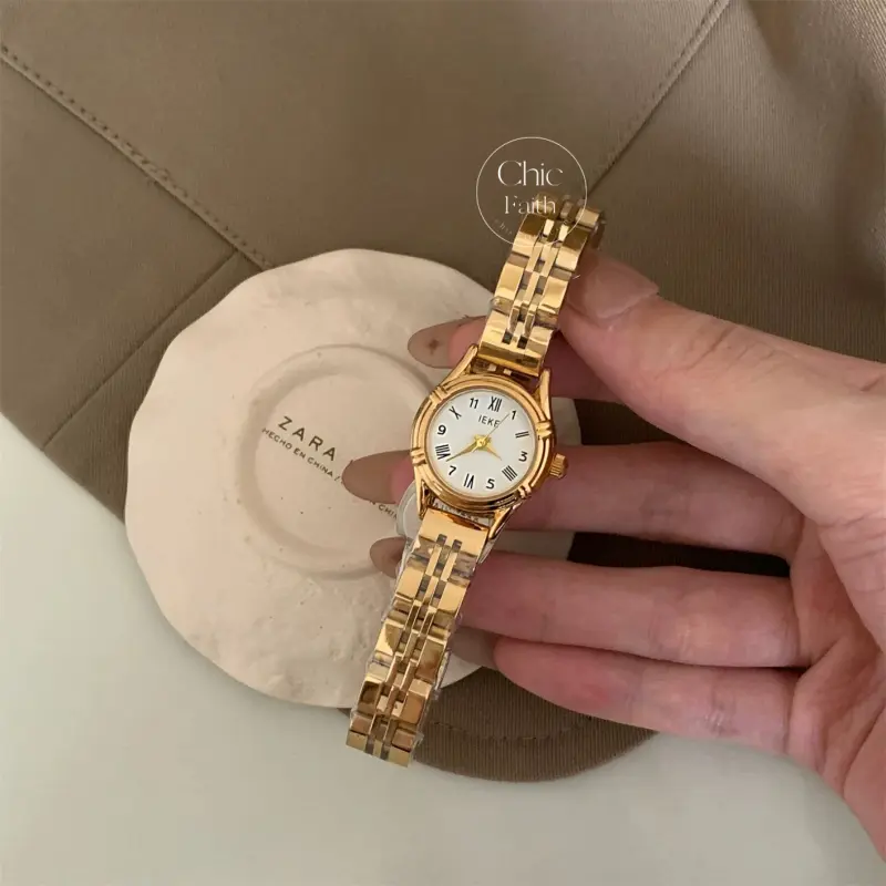 Vintage-Inspired Gold/Silver Round Small Face Bracelet Watch for Women