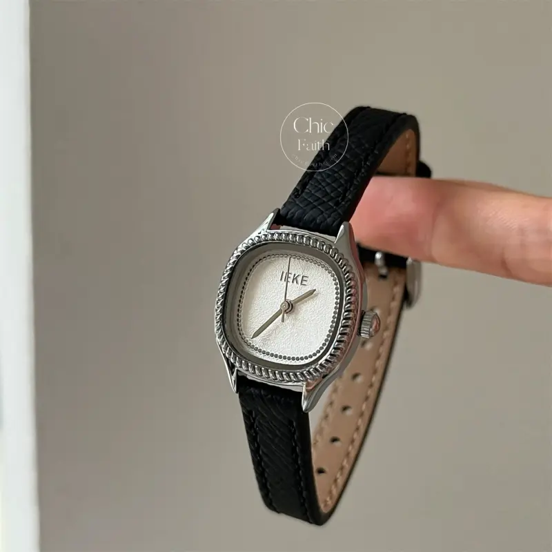 Chic Black/Gray/Brown Leather Strap Beige Dial Watch for Women