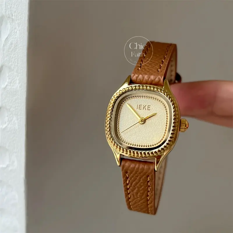 Chic Black/Gray/Brown Leather Strap Beige Dial Watch for Women