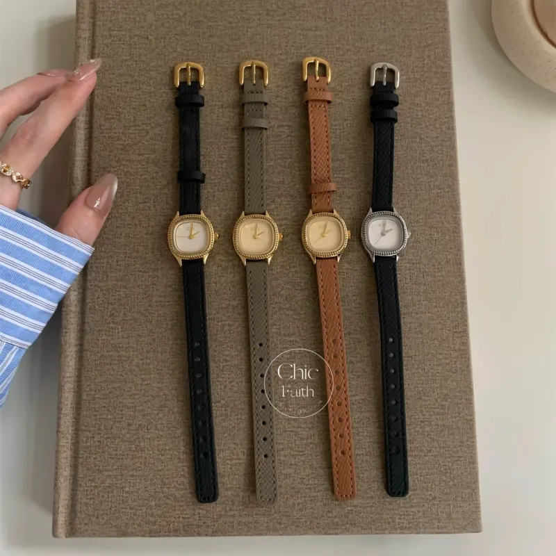 Chic Black/Gray/Brown Leather Strap Beige Dial Watch for Women