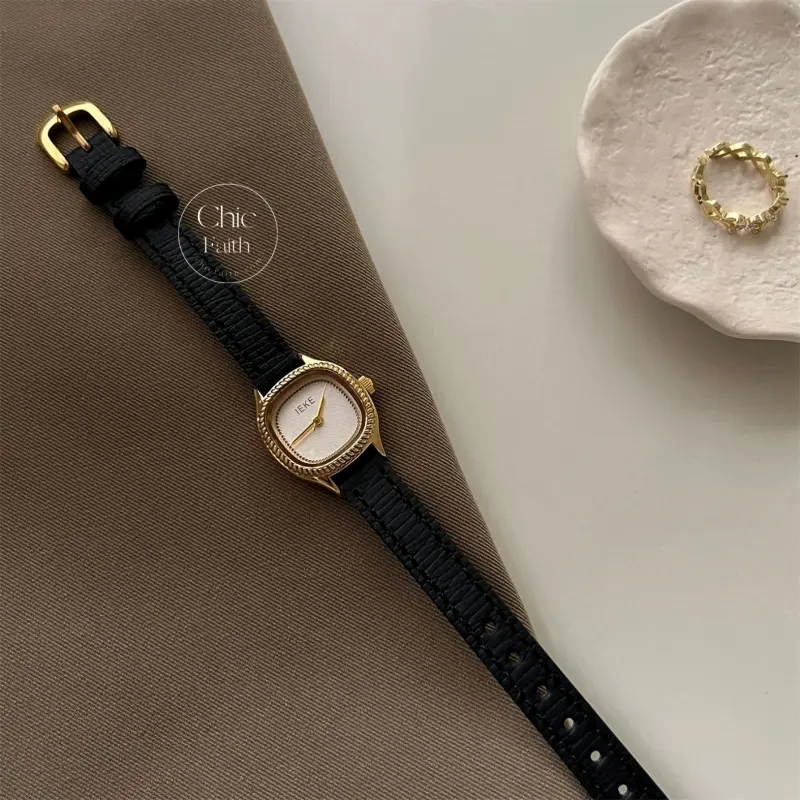 Chic Black/Gray/Brown Leather Strap Beige Dial Watch for Women