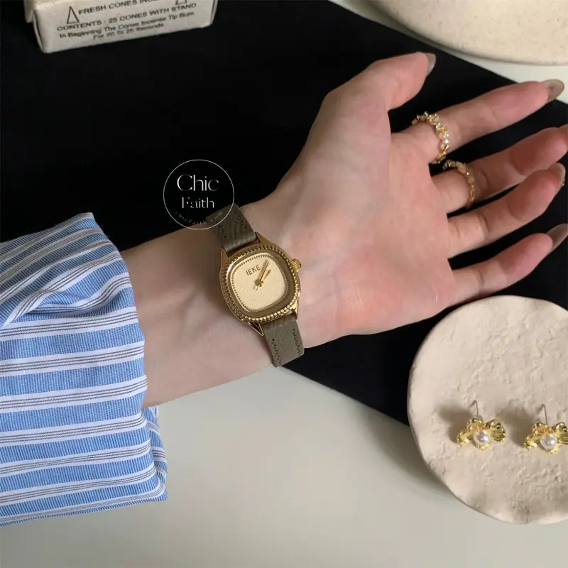 Chic Black/Gray/Brown Leather Strap Beige Dial Watch for Women