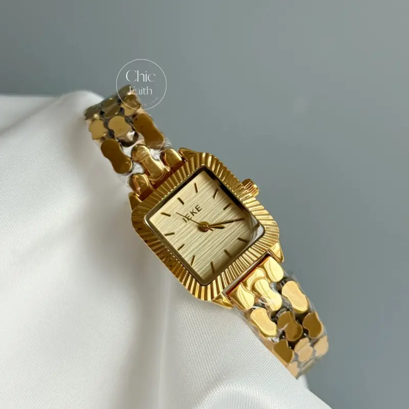 Classic Gold/Silver Rectangle Face Watch Wavy Pattern Bracelet Ladies Watch