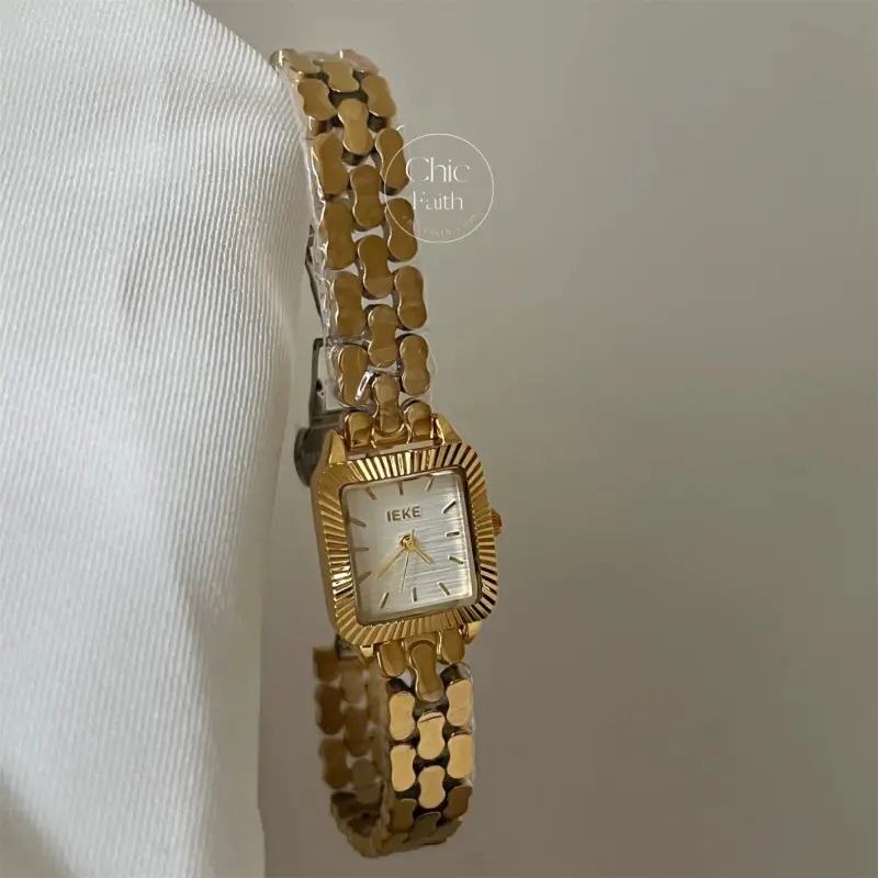Classic Gold/Silver Rectangle Face Watch Wavy Pattern Bracelet Ladies Watch
