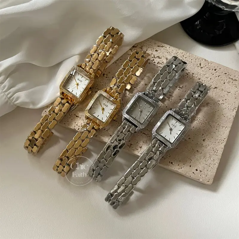 Classic Gold/Silver Rectangle Face Watch Wavy Pattern Bracelet Ladies Watch