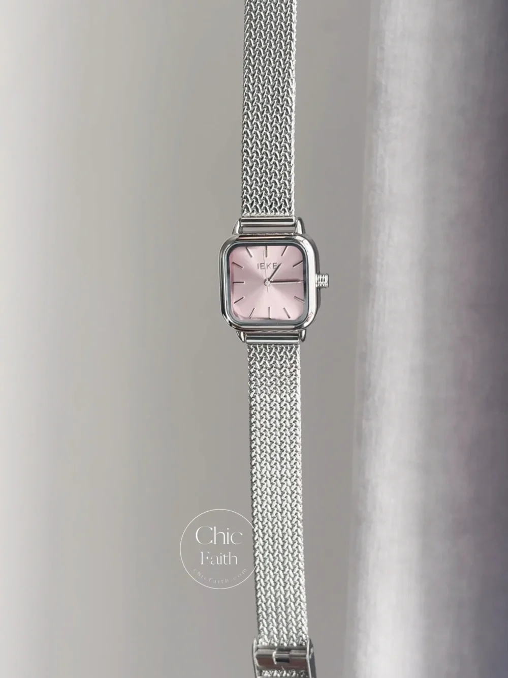 Minimalist Pink Dial Silver Square Face Mesh Band Women's Watch
