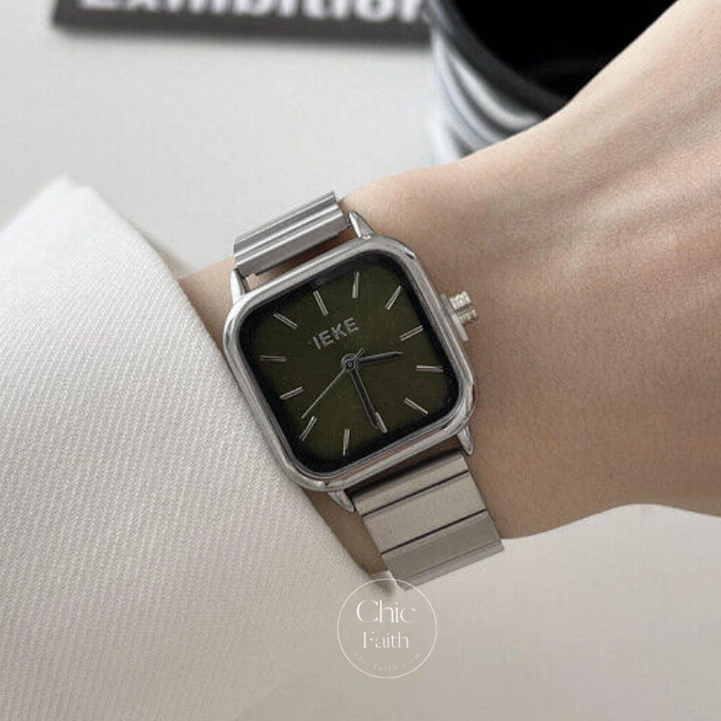 Retro Green/Rose Gold/Silver/Gold/Blue Square Stainless Steel Watch for Women