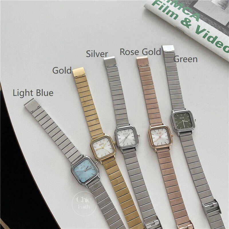 Retro Green/Rose Gold/Silver/Gold/Blue Square Stainless Steel Watch for Women