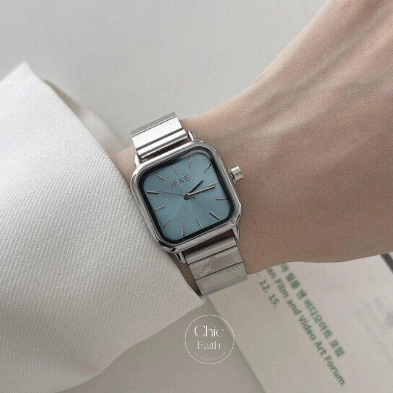 Retro Green/Rose Gold/Silver/Gold/Blue Square Stainless Steel Watch for Women